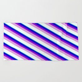 [ Thumbnail: Blue, Dark Violet, Plum, Mint Cream & Turquoise Colored Stripes/Lines Pattern Beach Towel ]