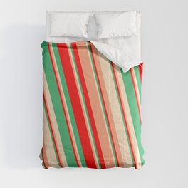 [ Thumbnail: Red, Sea Green, Bisque & Light Salmon Colored Lines/Stripes Pattern Comforter ]