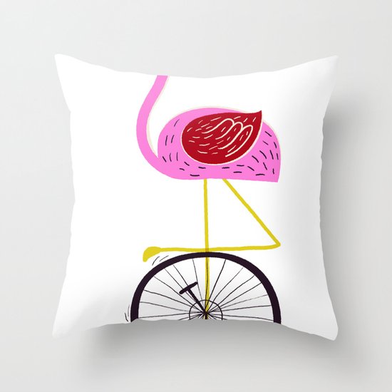 flamingo unicycler Throw Pillow