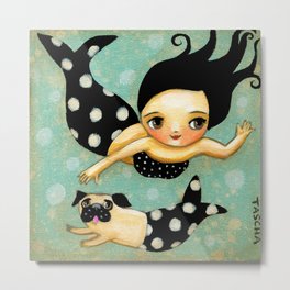 Pug Mermaid swimming in the sea by Tascha Parkinson Metal Print | Nurseryart, Pugart, Merpug, Turquoise, Pugpainting, Baby, Acrylic, Littlegirl, Painting, Mermaid 