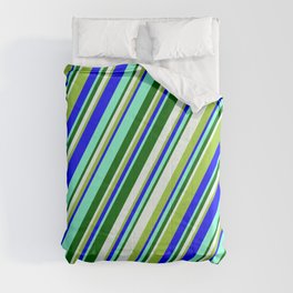 [ Thumbnail: Eyecatching Green, Blue, Aquamarine, Dark Green, and Mint Cream Colored Stripes Pattern Comforter ]
