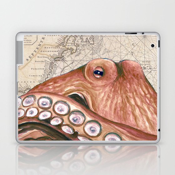 Octopus Rusty red Vintage Map Beige Nautical Laptop & iPad Skin