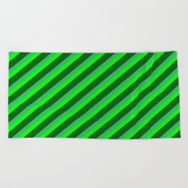 [ Thumbnail: Sea Green, Lime & Dark Green Colored Stripes/Lines Pattern Beach Towel ]