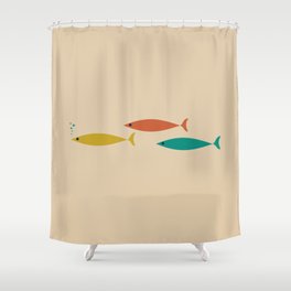 Mid-Century Modern Minimalist Fish Trio in Mid Mod Turquoise Teal, Mustard, Orange, and Beige Shower Curtain