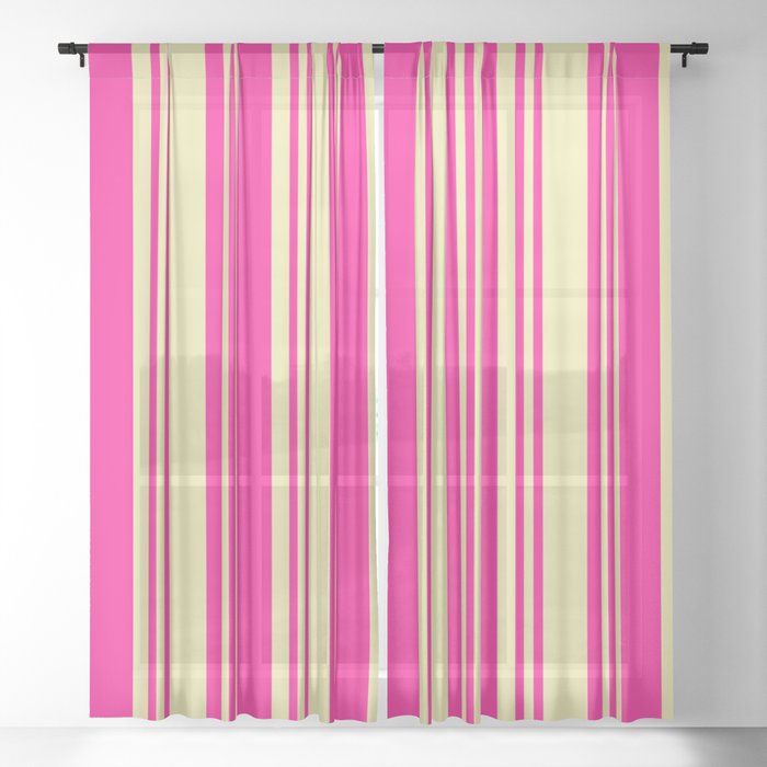 Deep Pink and Pale Goldenrod Colored Lines/Stripes Pattern Sheer Curtain