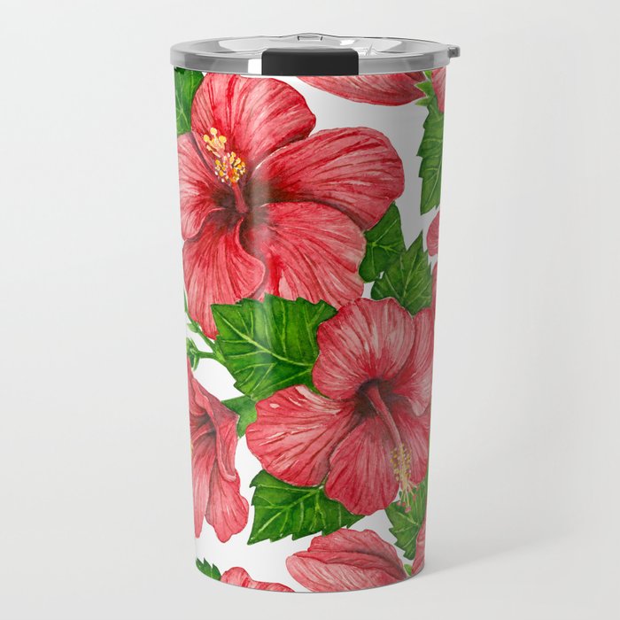 Red hibiscus watercolor pattern Travel Mug