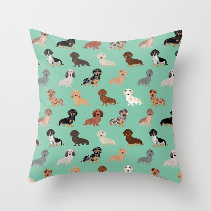 Dachshund dog breed pet pattern doxie coats dapple merle red black and tan Throw Pillow