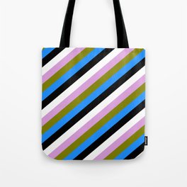 [ Thumbnail: Eye-catching Plum, Green, Blue, Black, and White Colored Stripes Pattern Tote Bag ]