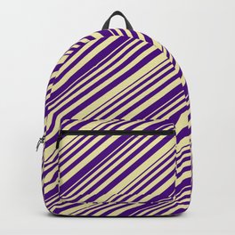 [ Thumbnail: Indigo and Pale Goldenrod Colored Lined Pattern Backpack ]