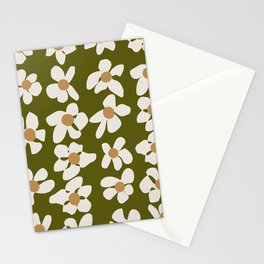 White Flowers khaki green background Stationery Card