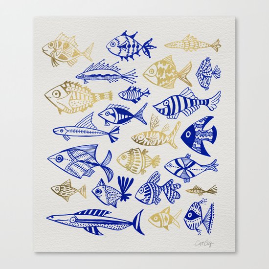 Inked Fish – Navy & Gold Canvas Print