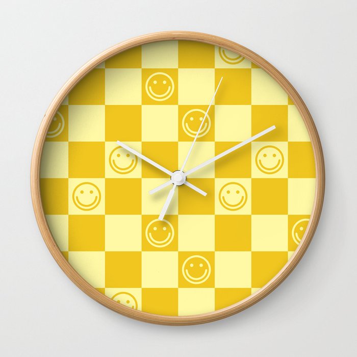 Cute Smiley Faces on Checkerboard \\ Sunshine Color Palette Wall Clock