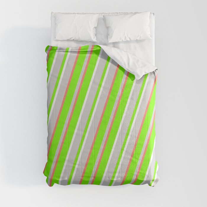 Green, White, Light Gray & Salmon Colored Striped/Lined Pattern Comforter