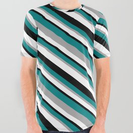 [ Thumbnail: Teal, Dark Grey, White, and Black Colored Lines/Stripes Pattern All Over Graphic Tee ]