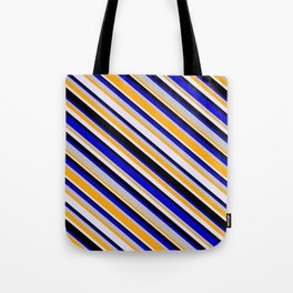 [ Thumbnail: Eye-catching Blue, Grey, Orange, Lavender, and Black Colored Stripes/Lines Pattern Tote Bag ]