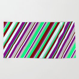 [ Thumbnail: Vibrant Green, Maroon, Light Cyan, Purple, and Grey Colored Lines Pattern Beach Towel ]