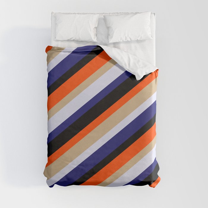 Eyecatching Red, Tan, Lavender, Midnight Blue, and Black Colored Lines/Stripes Pattern Duvet Cover