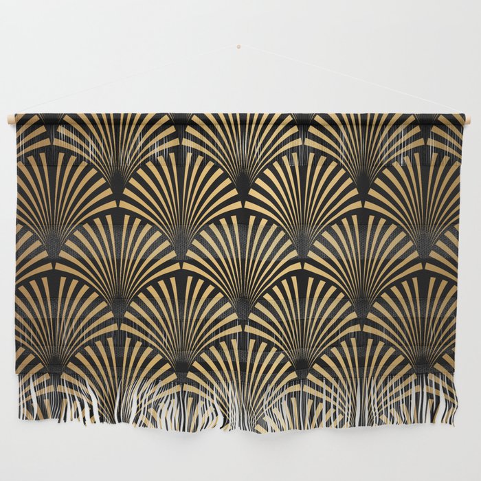 Art Deco Pattern. Seamless black and gold background. Scales or shells crisscross ornament. Minimalistic geometric design. Vintage lines. 1920-30s motifs. Luxury vintage illustration Wall Hanging