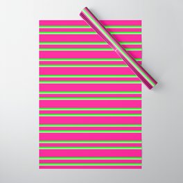 [ Thumbnail: Deep Pink, Lime & Green Colored Pattern of Stripes Wrapping Paper ]