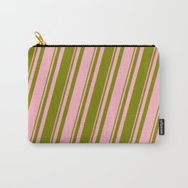 [ Thumbnail: Green and Light Pink Colored Striped Pattern Carry-All Pouch ]