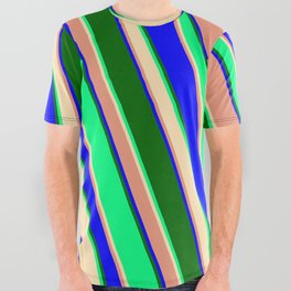 [ Thumbnail: Green, Beige, Dark Salmon, Blue & Dark Green Colored Striped/Lined Pattern All Over Graphic Tee ]