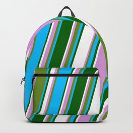 [ Thumbnail: Eye-catching Plum, Green, Deep Sky Blue, Dark Green, and White Colored Lined/Striped Pattern Backpack ]