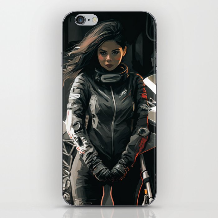 Biker Girl in front of Superbike iPhone Skin