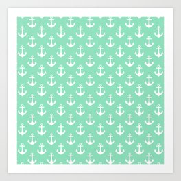 Anchors (White & Mint Pattern) Art Print