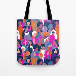 Every day we glow International Women's Day // midnight navy blue background violet purple curious blue shocking pink and orange copper humans  Tote Bag