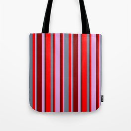 [ Thumbnail: Plum, Slate Gray, Maroon, and Red Colored Lines Pattern Tote Bag ]