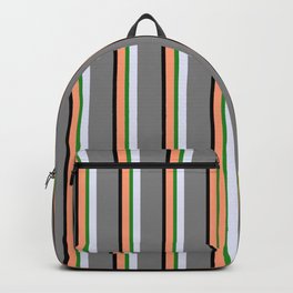 [ Thumbnail: Light Salmon, Black, Grey, Lavender, and Forest Green Colored Stripes Pattern Backpack ]