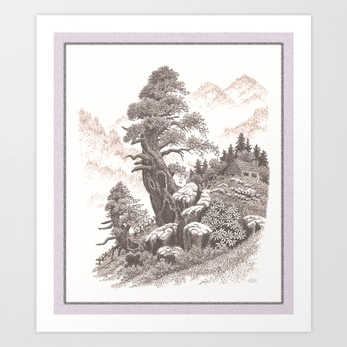 Old Hemlock Rustic Mountain Cabin Pen Drawing Art Print By