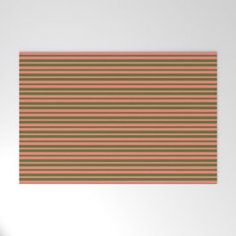 [ Thumbnail: Salmon and Dark Olive Green Colored Striped Pattern Welcome Mat ]
