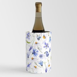 Watercolor Midsummer Blue And White Wildflowers Meadow Wine Chiller