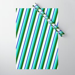 [ Thumbnail: Blue, Aquamarine, Dark Turquoise, Dark Green & Mint Cream Colored Stripes/Lines Pattern Wrapping Paper ]