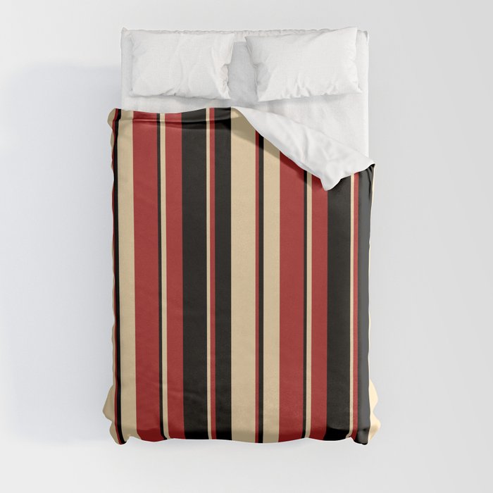 Beige, Red, and Black Colored Striped Pattern Duvet Cover