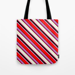 [ Thumbnail: Beige, Orchid, Red & Black Colored Striped/Lined Pattern Tote Bag ]
