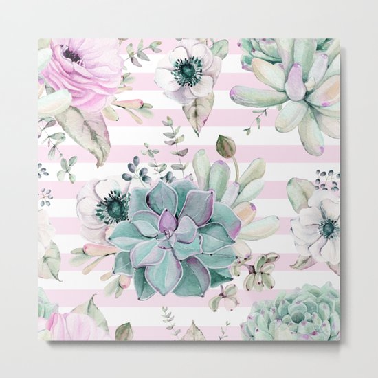 Simply Succulent Garden on Desert Rose Pink Striped Metal Print