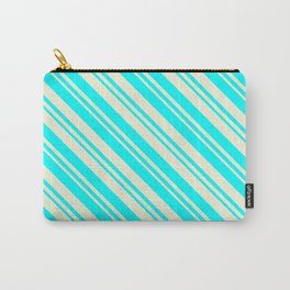 [ Thumbnail: Beige & Cyan Colored Pattern of Stripes Carry-All Pouch ]