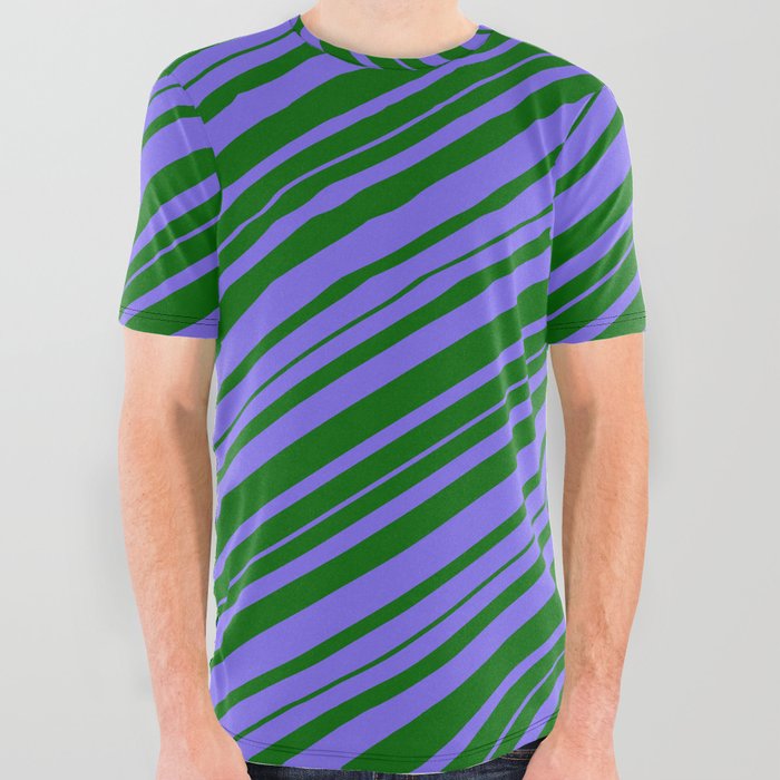 Medium Slate Blue and Dark Green Colored Striped Pattern All Over Graphic Tee