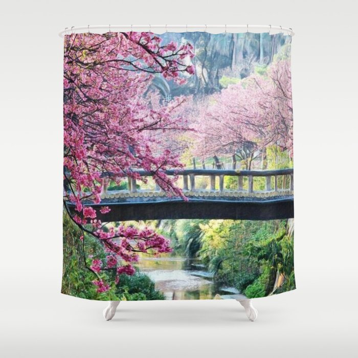 Cherry Tree Blossoms of Spring Along the River Portrait Painting Shower Curtain
