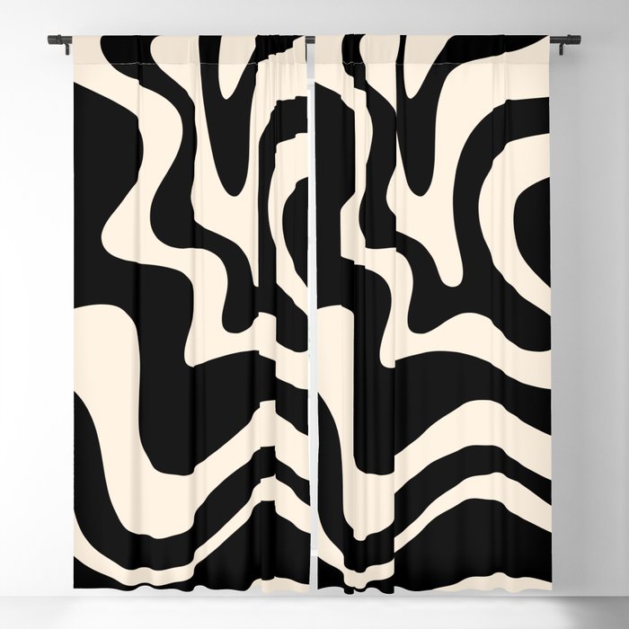 Retro Liquid Swirl Abstract Square 2 in Black and Almond Cream Blackout Curtain