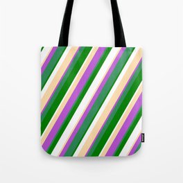 [ Thumbnail: Tan, Orchid, Sea Green, Green & White Colored Stripes/Lines Pattern Tote Bag ]