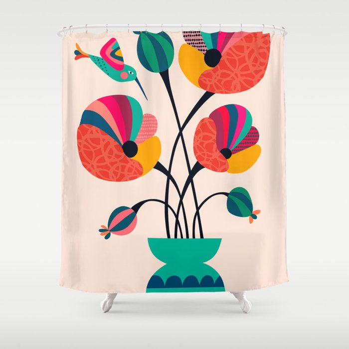 Poppies & Hummingbird Shower Curtain