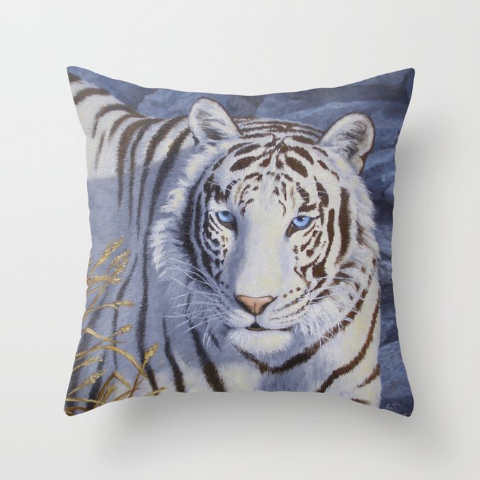 White Tiger with Blue Eyes Throw Pillow