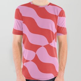 Retro Wavy Abstract Pattern in Red & Pink All Over Graphic Tee