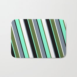 [ Thumbnail: Vibrant Light Slate Gray, White, Dark Olive Green, Aquamarine, and Black Colored Stripes Pattern Bath Mat ]