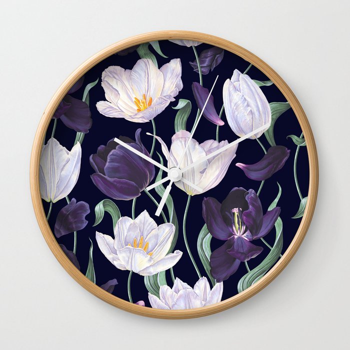 Purple and White Tulip Floral Prints on Navy Blue Wall Clock