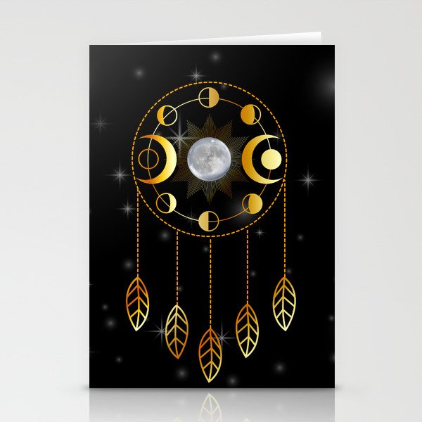 Golden Triple Goddess dreamcatcher with moon phases Stationery Cards