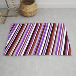[ Thumbnail: Red, Grey, Purple, White & Black Colored Striped Pattern Rug ]